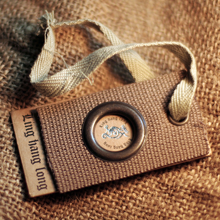 Custom Woven Ribbon Fabric Hang Tag – Printed Fabric with Silver Grommet & Satin Ribbon