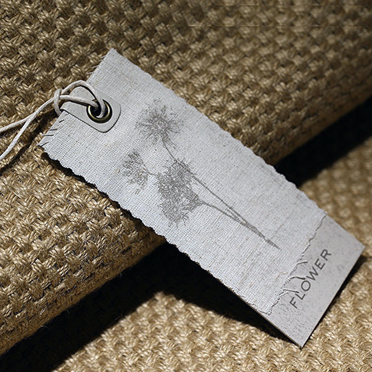 Custom Woven Ribbon Fabric Hang Tag – Printed Fabric with Silver Grommet & Satin Ribbon