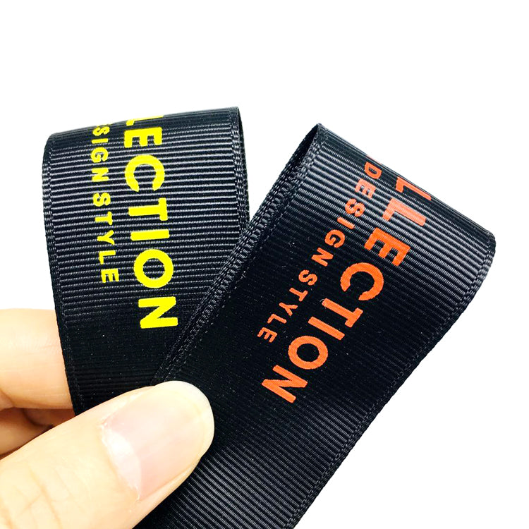 Custom Woven Ribbon Fabric Hang Tag – Printed Fabric with Silver Grommet & Satin Ribbon