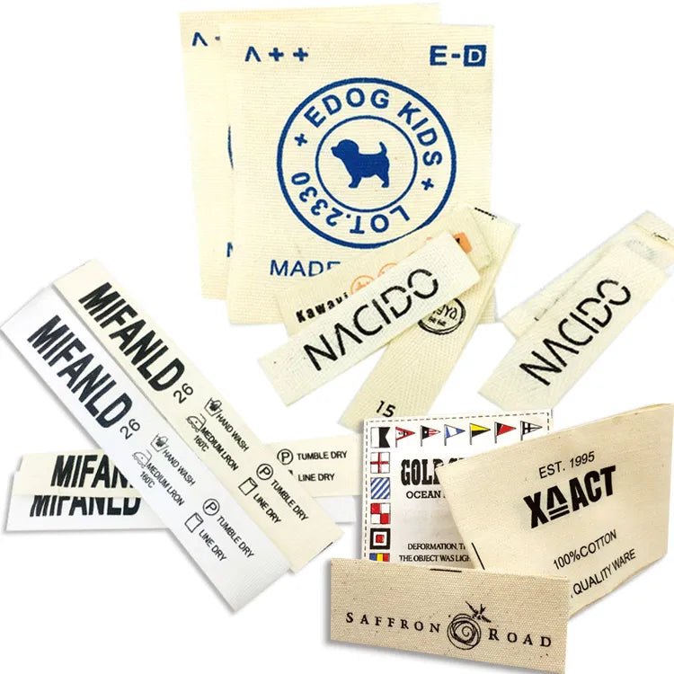 Assorted natural-colored brand label samples with black lettering and decorative emblems