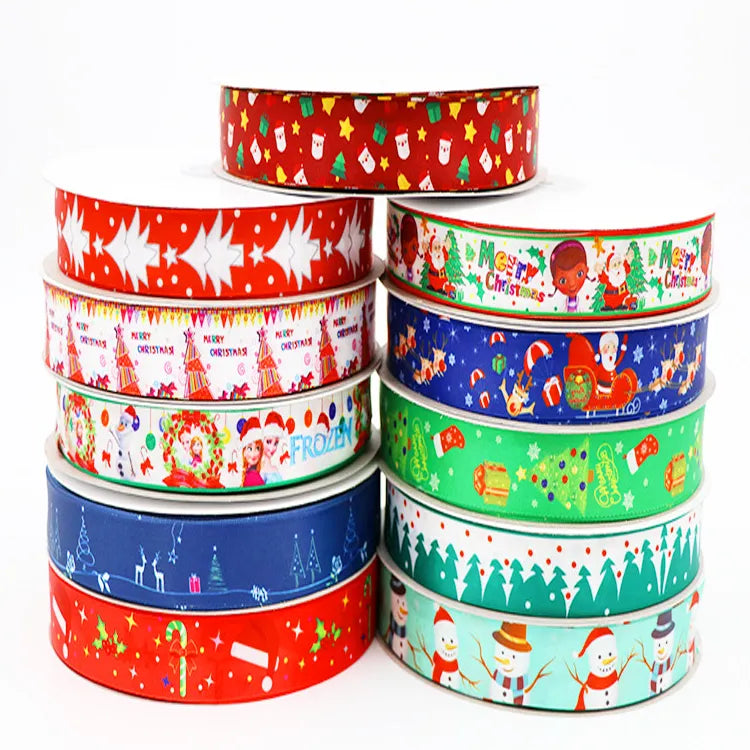 Multi-tier tower of holiday celebration cartoon character printed ribbon spools