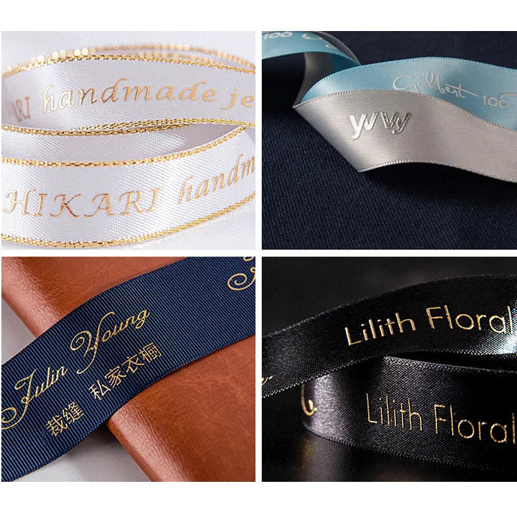 Multi-style custom logo ribbon showcase illustrating gold foil stamping and screen print techniques