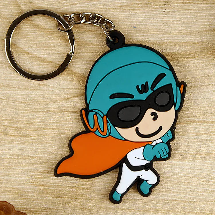 Custom turquoise and orange superhero silicone rubber keychain with metal key ring