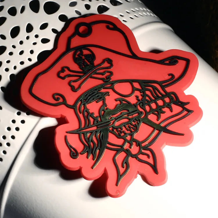 Custom red PVC rubber patch with skull and crossbones, pirate hat and skeleton design