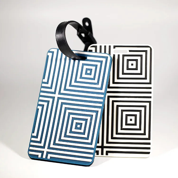 Custom geometric silicone luggage tags with keyring and blue and black square patterns