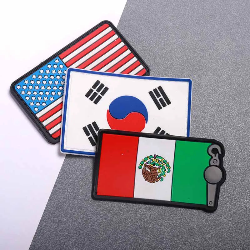 Custom PVC rubber flag patches featuring United States, South Korea and Mexico flags for tactical gear