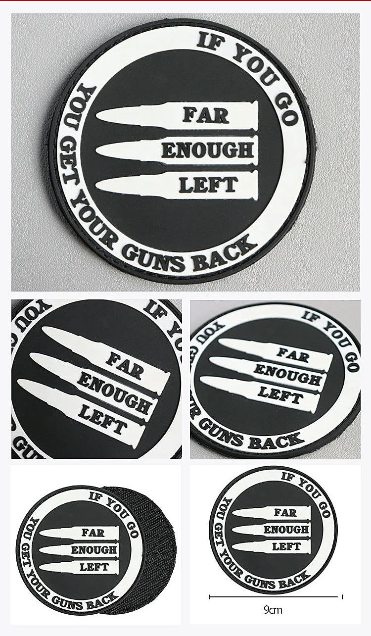 Assorted round black and white brand badges in several sizes