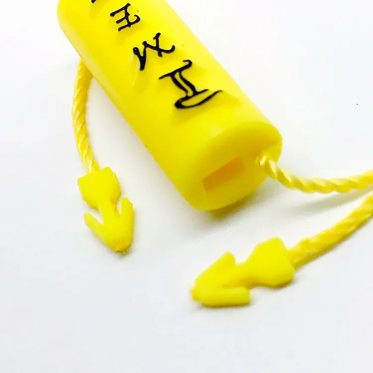 Yellow cylindrical plastic seal tag with yellow twisted cord and plastic barb ends