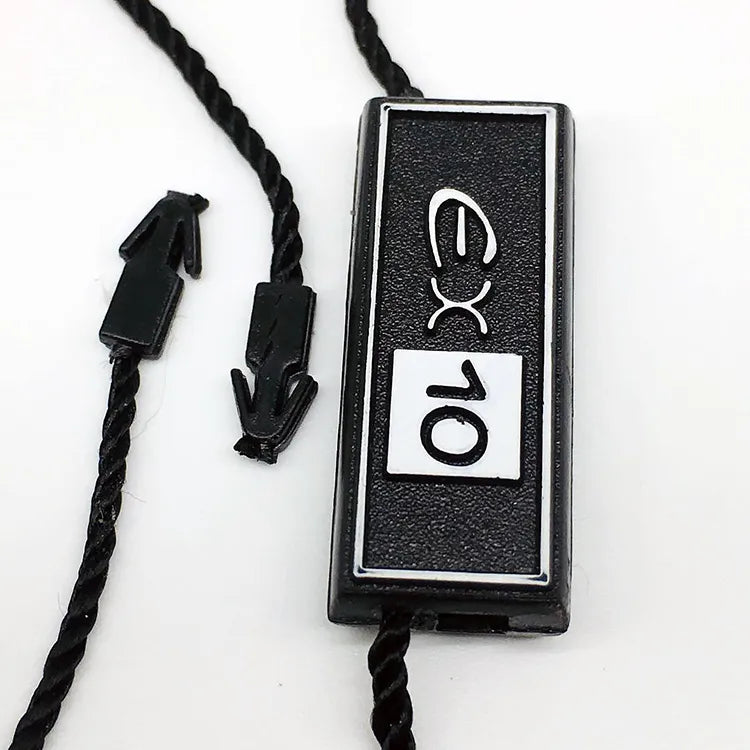 Black rectangular plastic string tag with black twisted cords and plastic barb fasteners