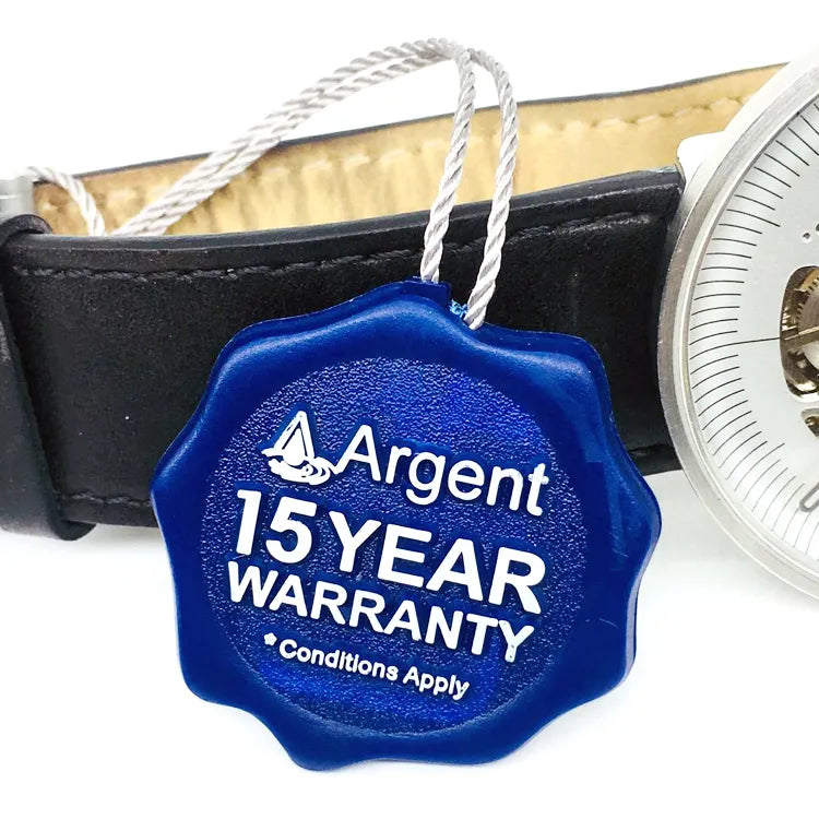 Blue scalloped plastic seal tag with white twisted cord on a watch