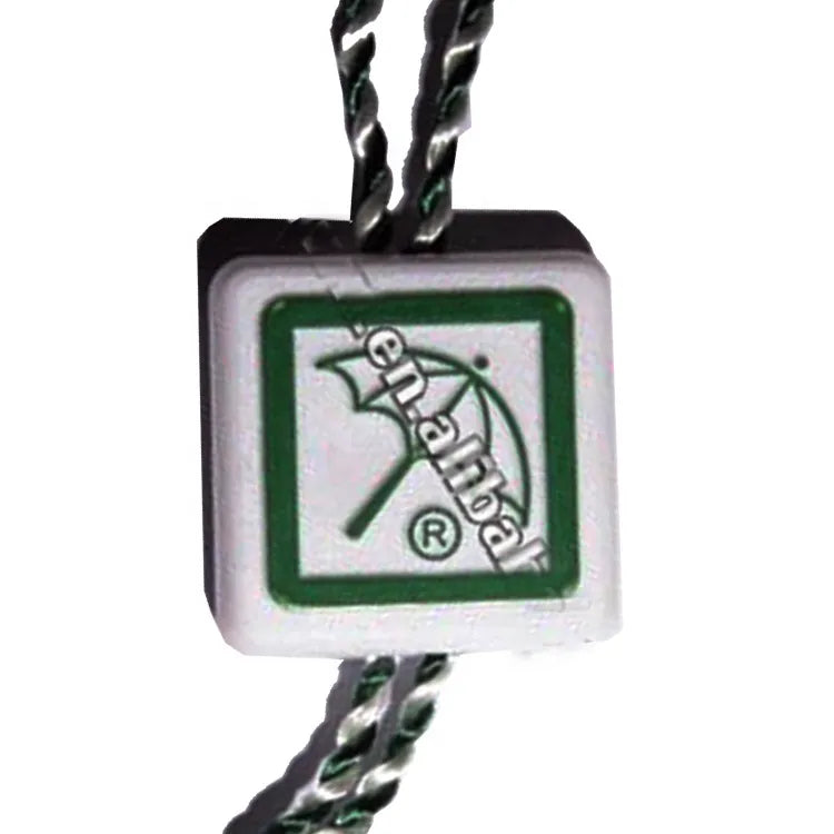 White square plastic string tag with green printed logo and black-and-white twisted cords