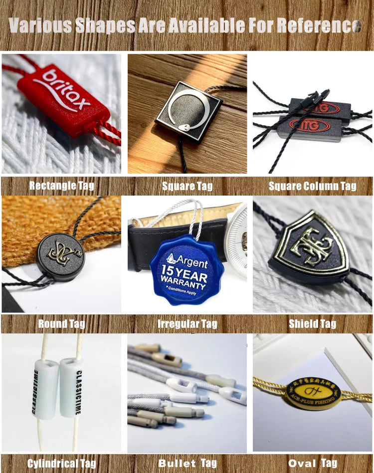 Garment hang tag application showcasing custom plastic string tags on clothing