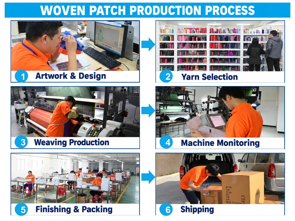 Infographic showing the six-step woven patch production process from artwork and yarn selection through weaving, finishing, packing and shipping