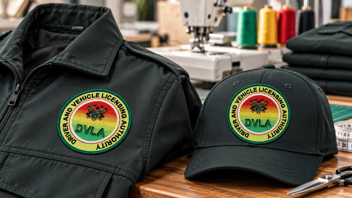 Custom embroidered DVLA patches applied to a black jacket and cap in a sewing workshop