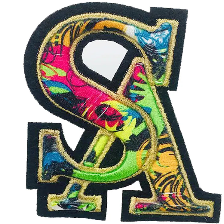 Custom multicolor embroidered letter patch with abstract pattern and black border