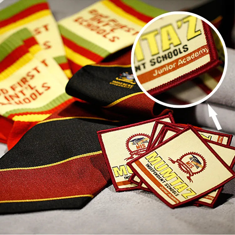 Collage showing custom embroidered school uniform patches with magnified lettering and crest details