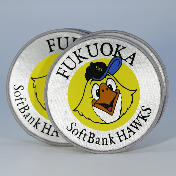 Custom white embroidered Fukuoka SoftBank Hawks mascot patches with cartoon duck
