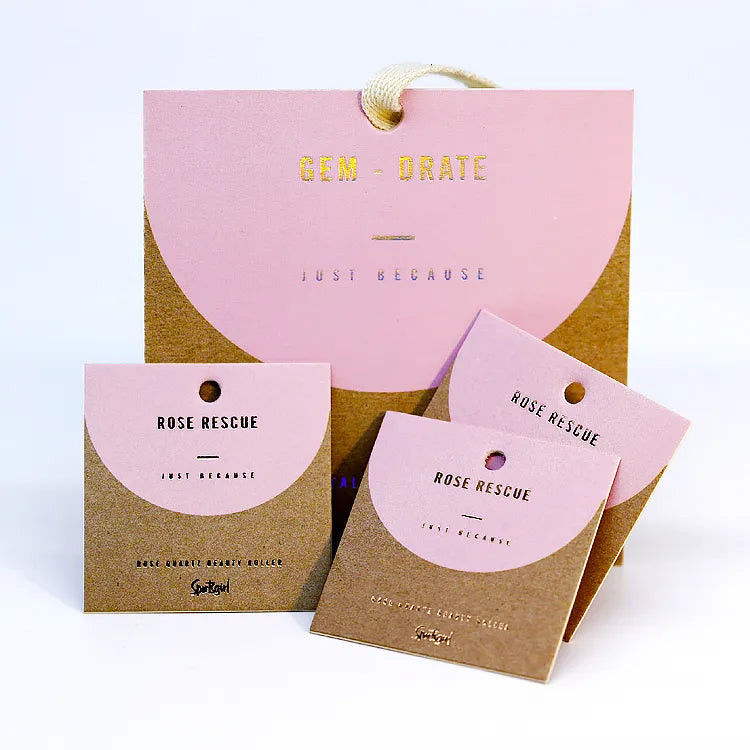 Square pastel pink and kraft display card with metallic foil branding