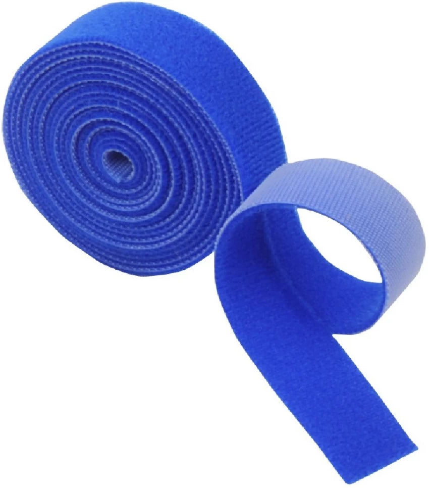 Blue back to back hook and loop roll with a loose curved end