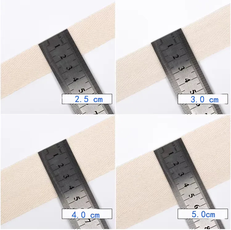 Wide cotton tape width comparison measured with rulers: 2.5 cm, 3.0 cm, 4.0 cm and 5.0 cm