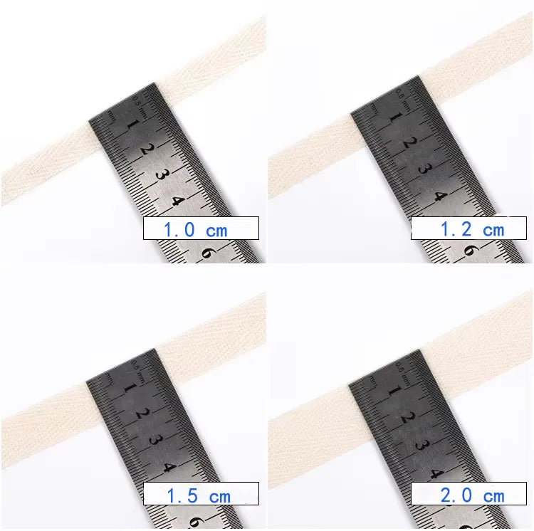 Cotton tape width comparison measured with rulers: 1.0 cm, 1.2 cm, 1.5 cm and 2.0 cm