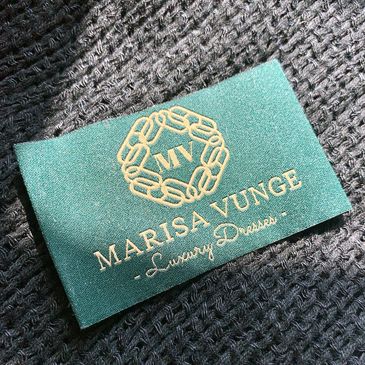 Custom Woven Clothing Label - Luxury Green Gold Style with chain-link monogram